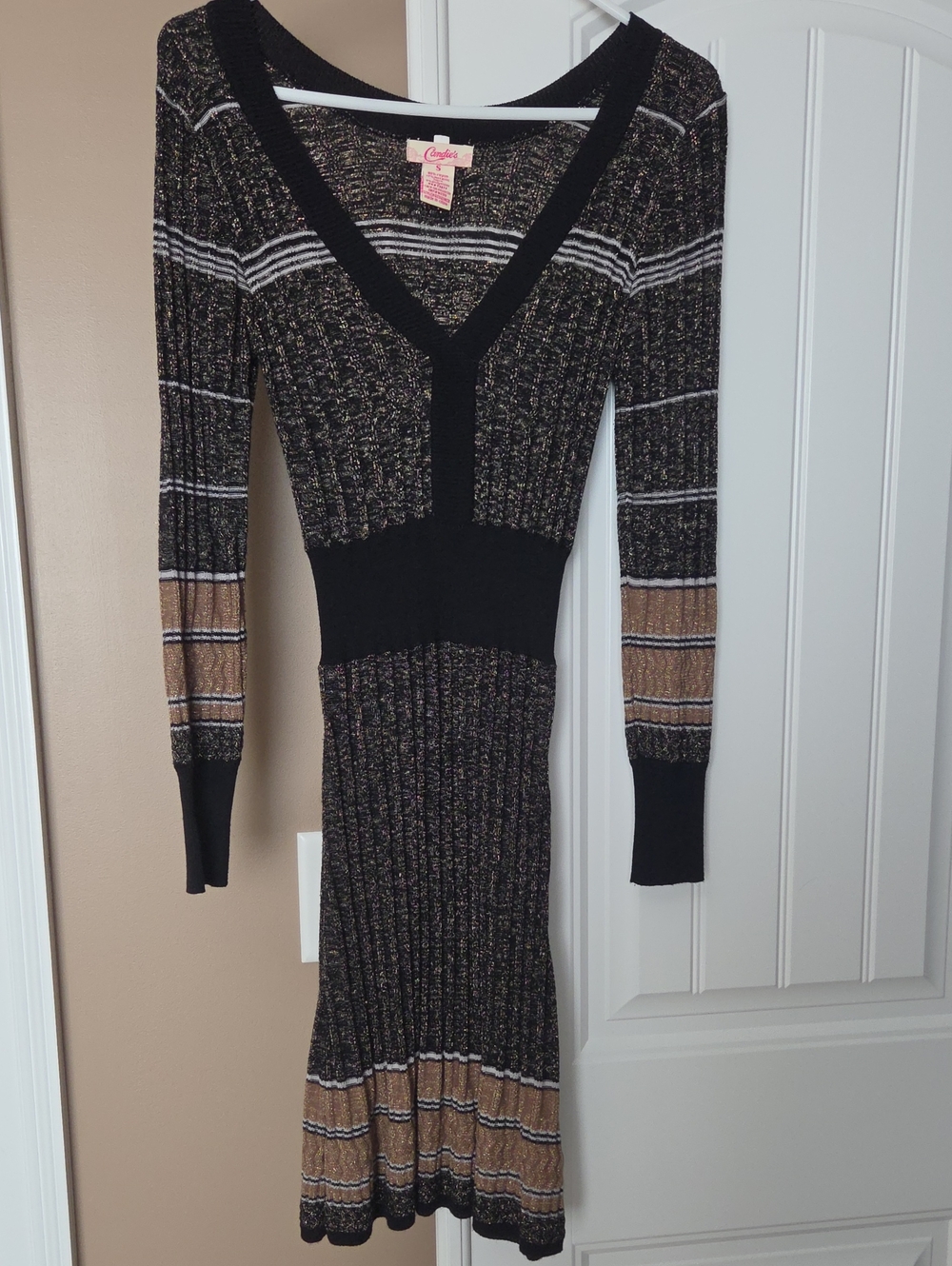 Candy's Black and Brown Striped Rib Knit V-Neck Dress - Like New